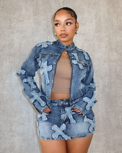 Denim Embroidered Short Skirt & Jacket Suit