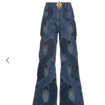 Women Cutout Criss Cross Straight Flare Denim