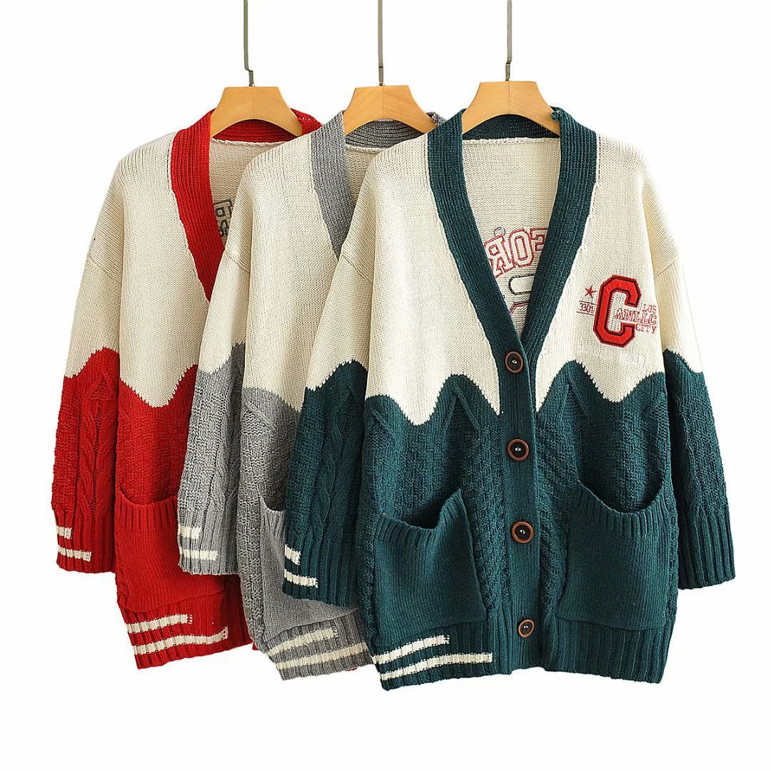V-neck contrast letter cardigan