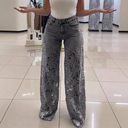 Lace Flowers Hollow High Waist Straight Wide Leg Pants
