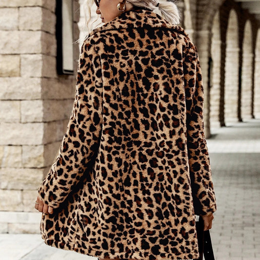 Leopard Print Long Sleeve Furry Coat
