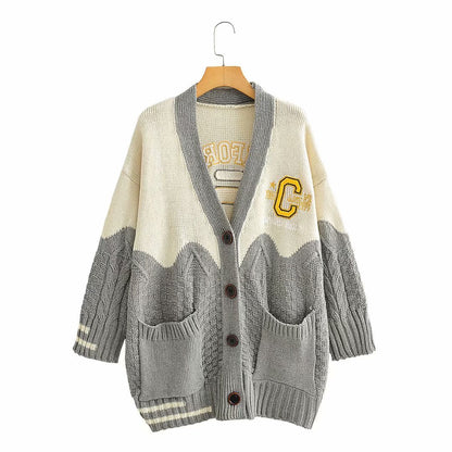 V-neck contrast letter cardigan