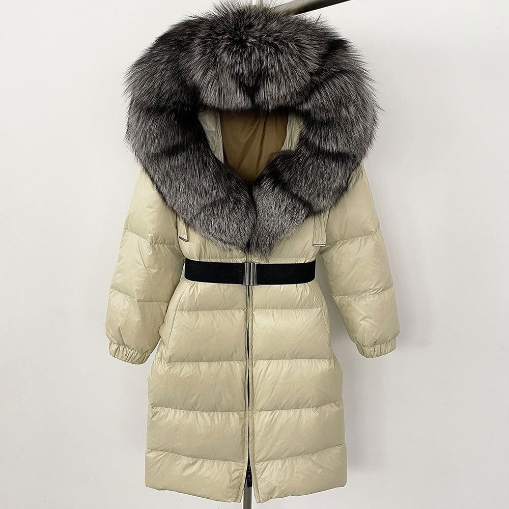 Women's Long Fur Jacket with Belt