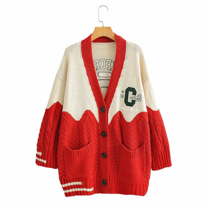 V-neck contrast letter cardigan