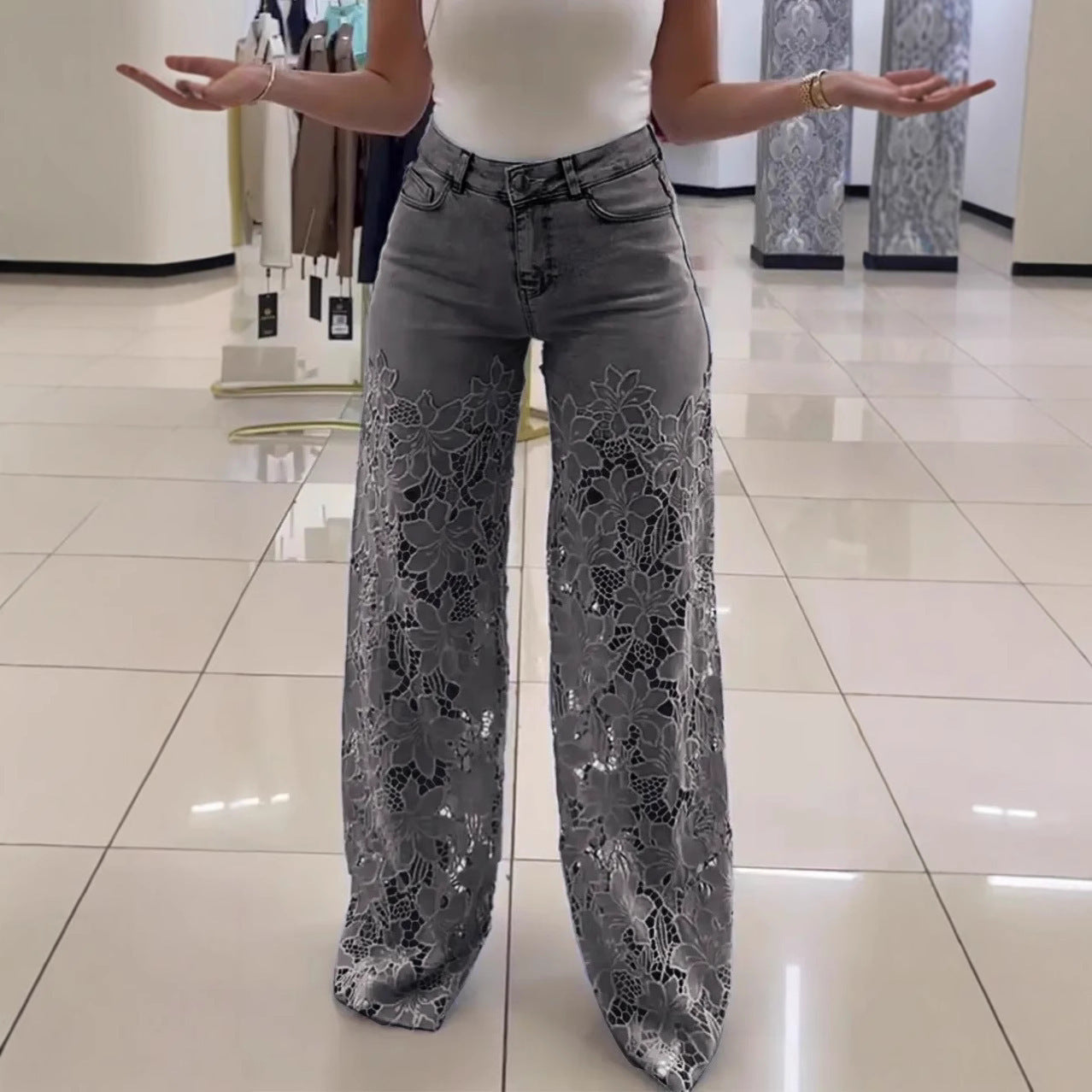Lace Flowers Hollow High Waist Straight Wide Leg Pants