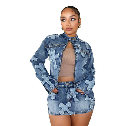Denim Embroidered Short Skirt & Jacket Suit