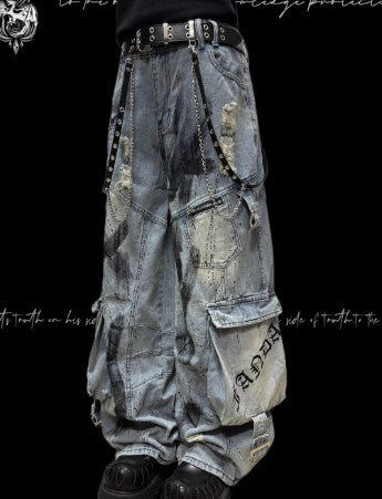 Multi-Pocket Ripped Wide-Leg Denim