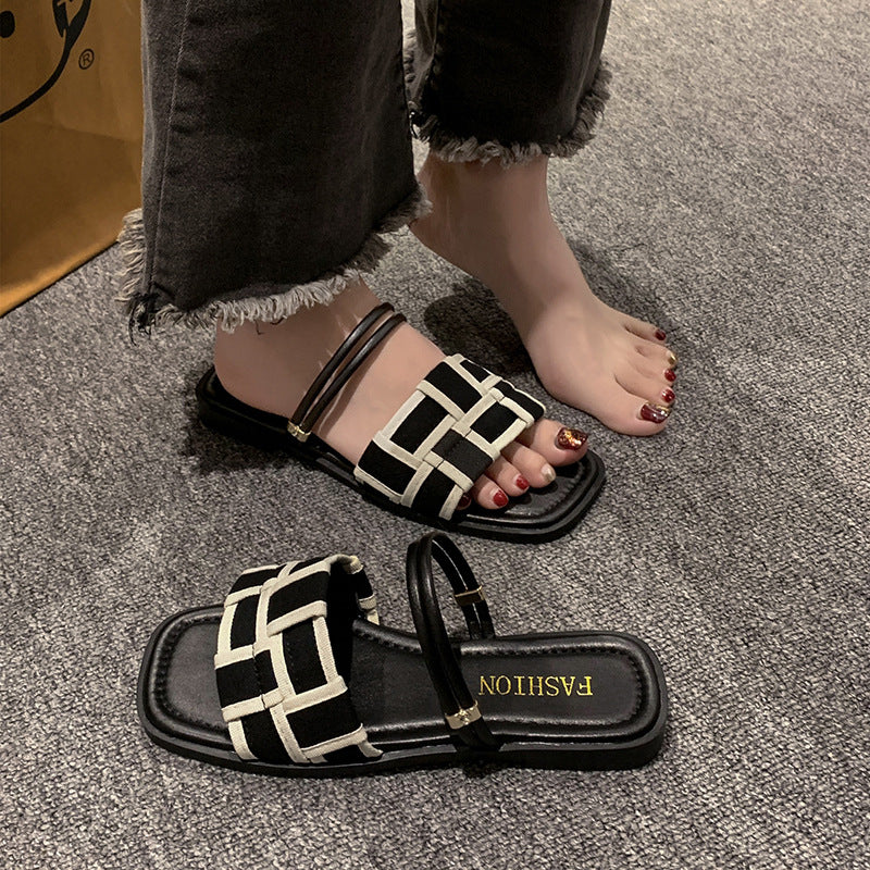Square Toe Check Pattern Women's Flat