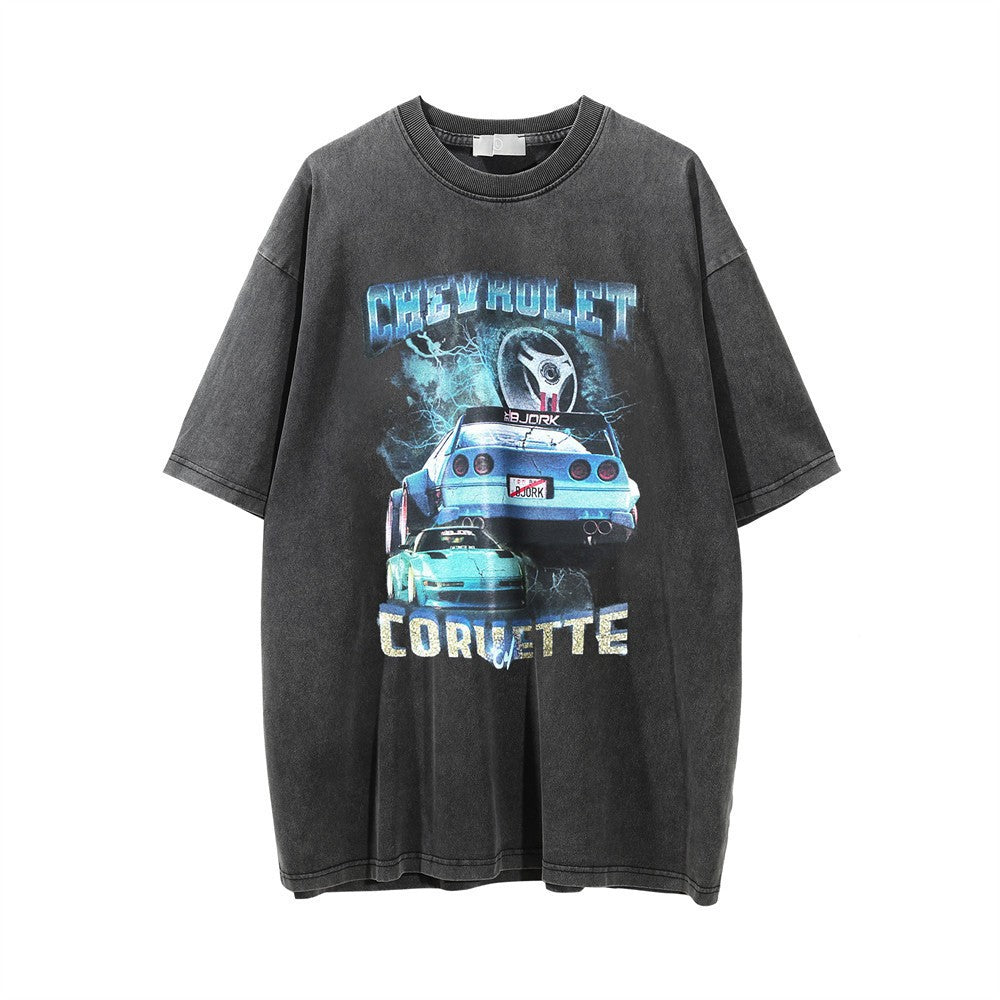 Car Printed Washed And Worn Round Neck T-shirt