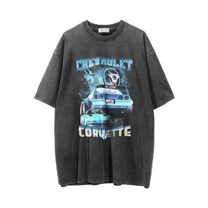 Car Printed Washed And Worn Round Neck T-shirt