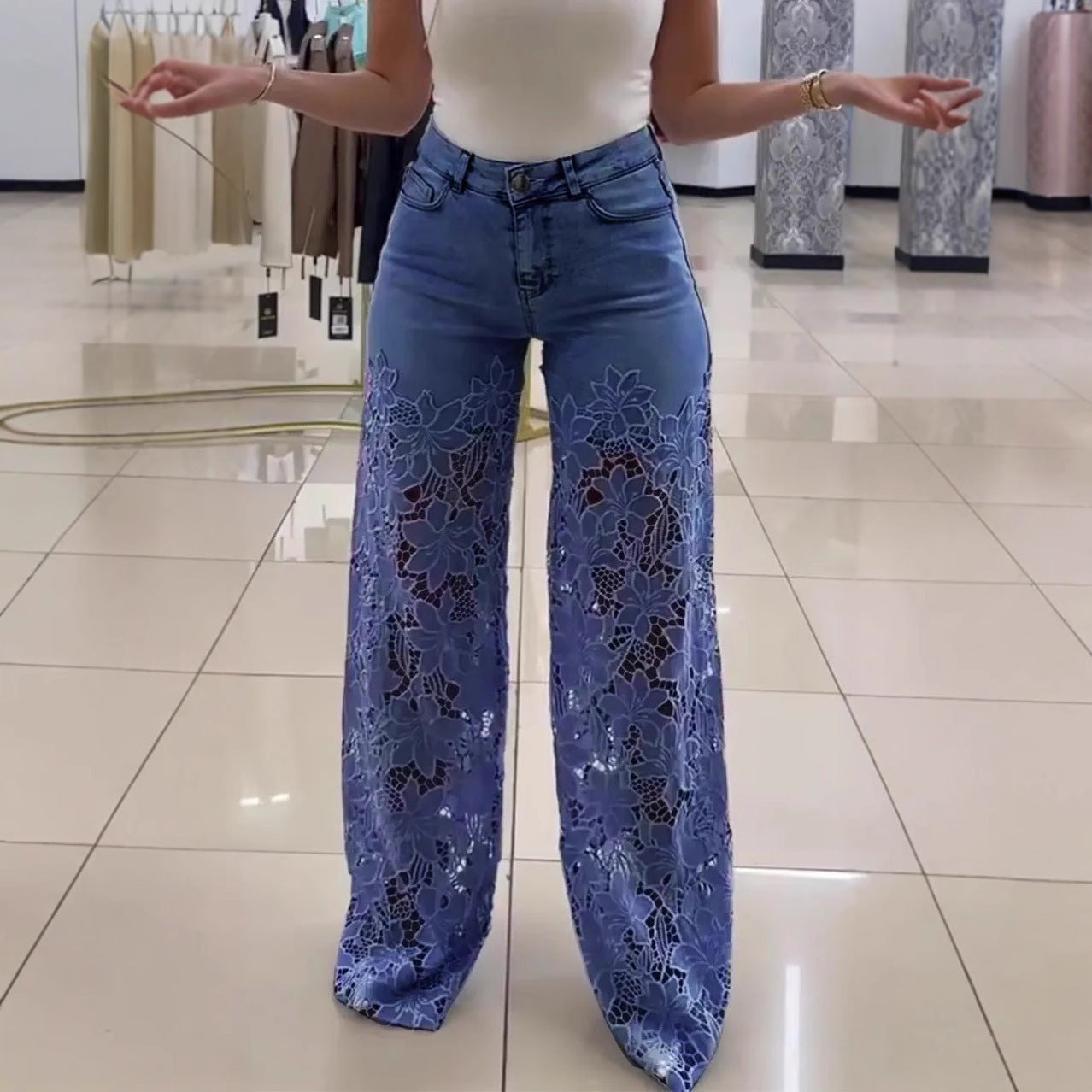 Lace Flowers Hollow High Waist Straight Wide Leg Pants