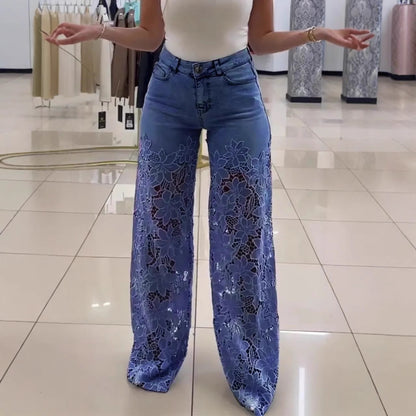 Lace Flowers Hollow High Waist Straight Wide Leg Pants