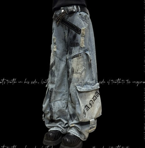 Multi-Pocket Ripped Wide-Leg Denim