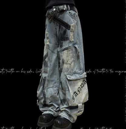 Multi-Pocket Ripped Wide-Leg Denim