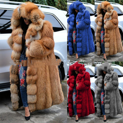 Women Faux Fur Long Hooded Coat