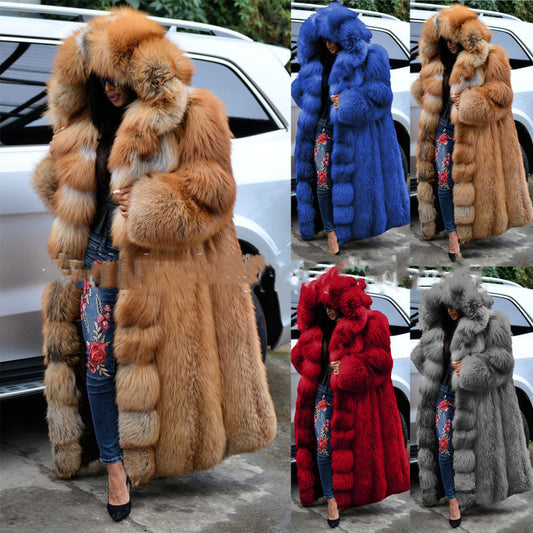 Women Faux Fur Long Hooded Coat
