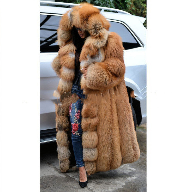 Women Faux Fur Long Hooded Coat