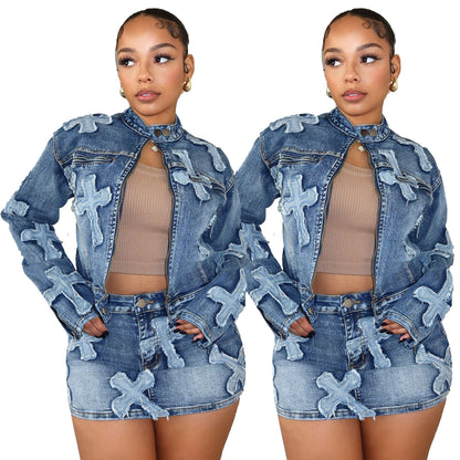 Denim Embroidered Short Skirt & Jacket Suit