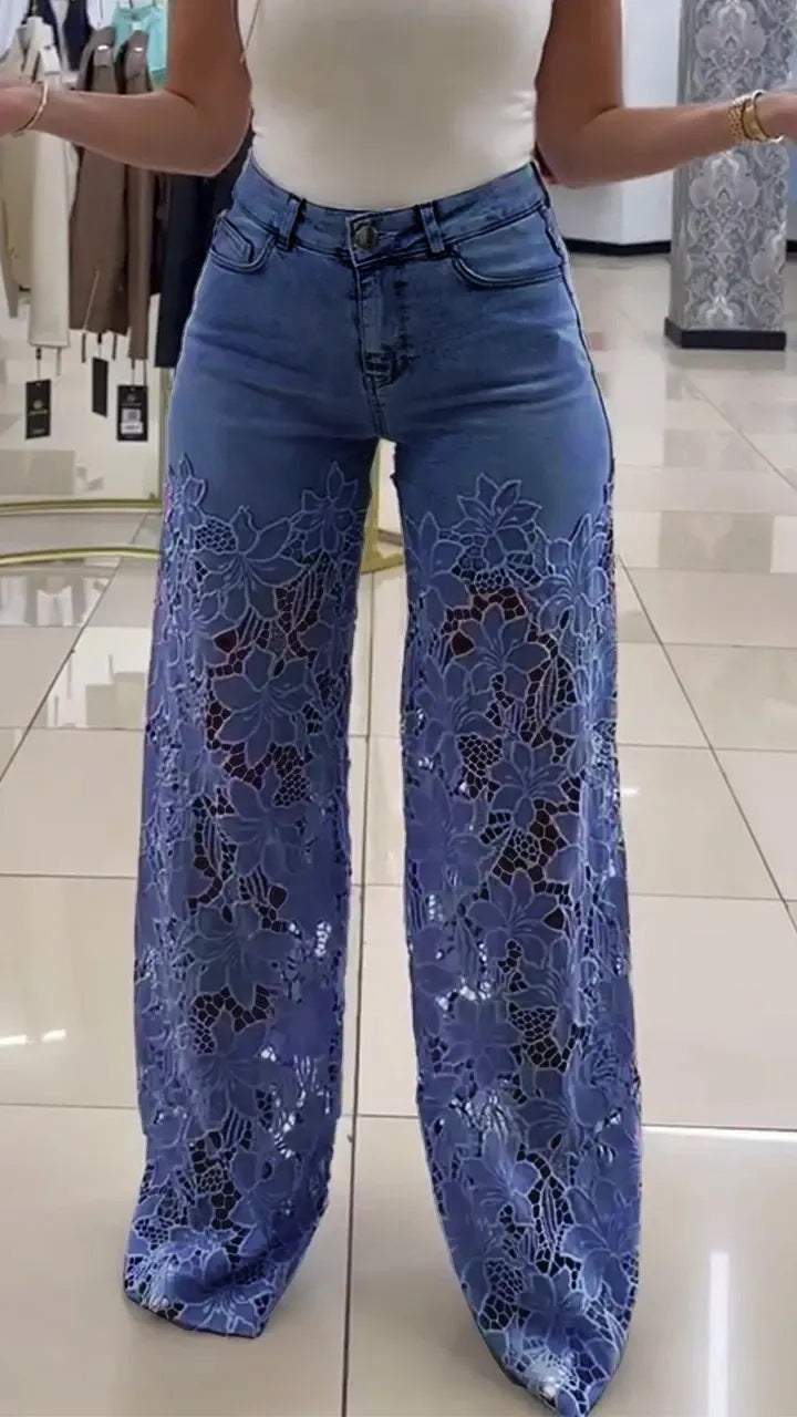 Lace Flowers Hollow High Waist Straight Wide Leg Pants