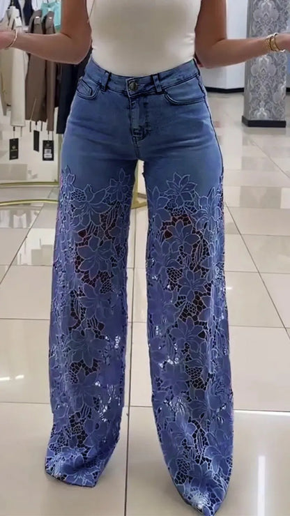 Lace Flowers Hollow High Waist Straight Wide Leg Pants