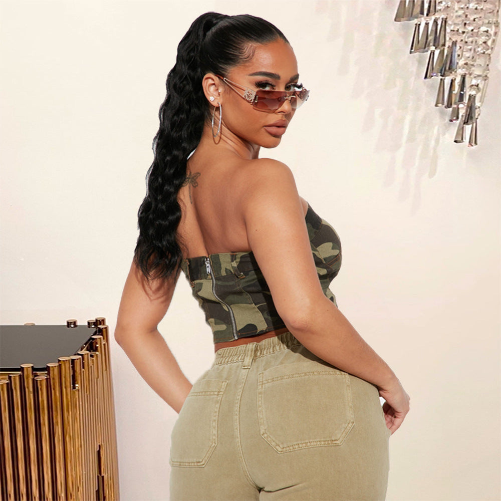 Camo Zipper Wrap Top