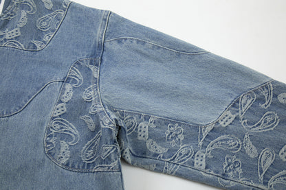 Men's Torn Cashew Flower Denim Jacket