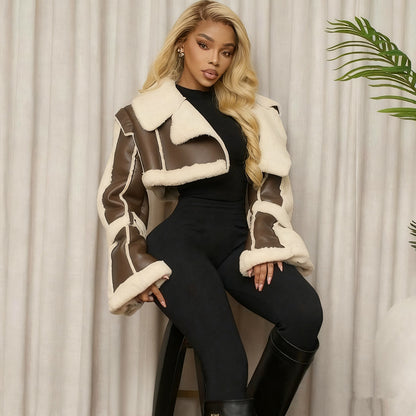 Leather-and-Fur-Trim Short Jacket For Women