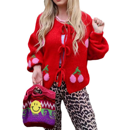 Cherry Embroidered Jacquard Cardigan