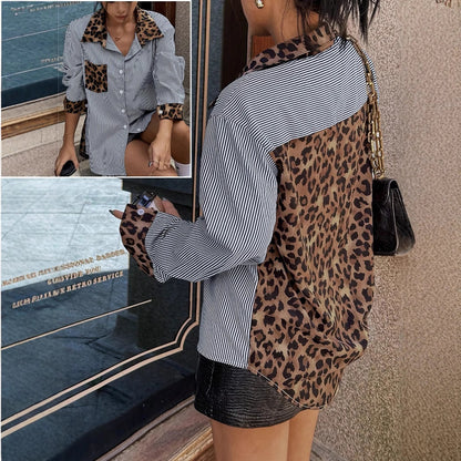 Leopard Striped Animal Print Patchwork Shirt