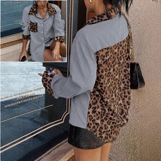 Leopard Striped Animal Print Patchwork Shirt