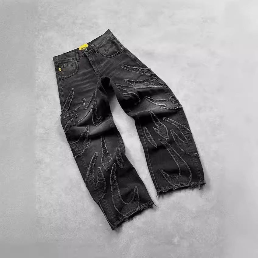 Retro Black Patchwork Streetwear Hole Jeans