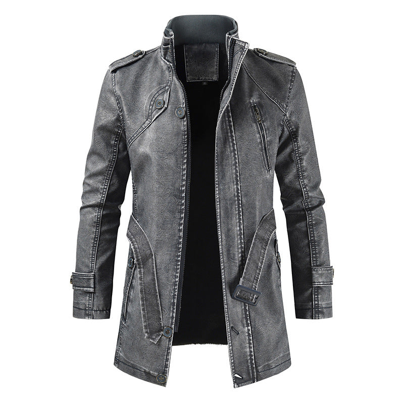 Brown mid-length leather jacket