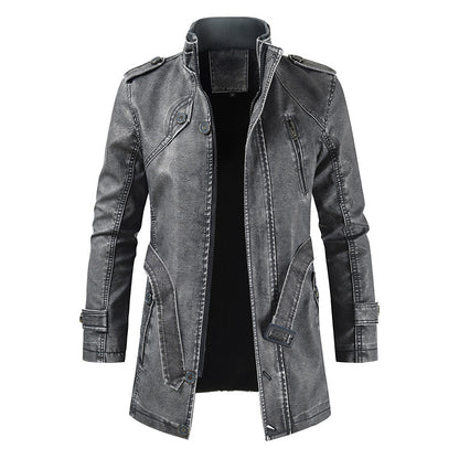 Brown mid-length leather jacket