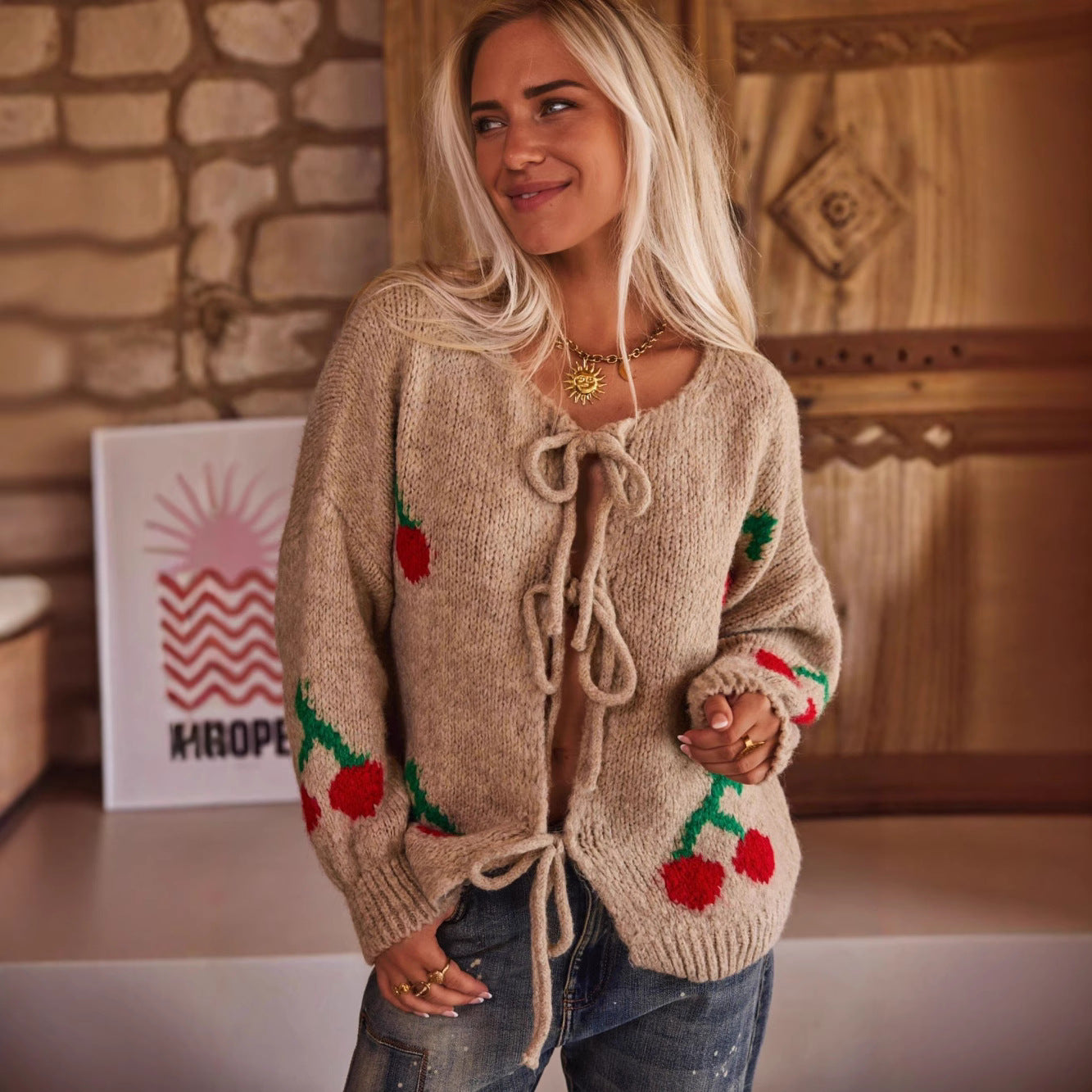 Cherry Embroidered Jacquard Cardigan