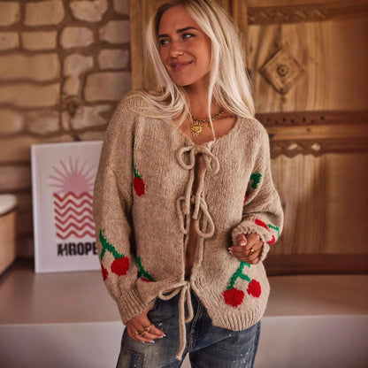 Cherry Embroidered Jacquard Cardigan