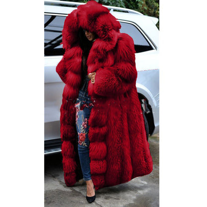 Women Faux Fur Long Hooded Coat