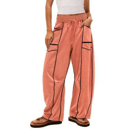 Black Striped Wide-leg Pants With Pockets