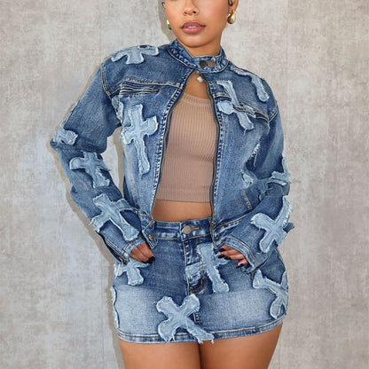 Denim Embroidered Short Skirt & Jacket Suit