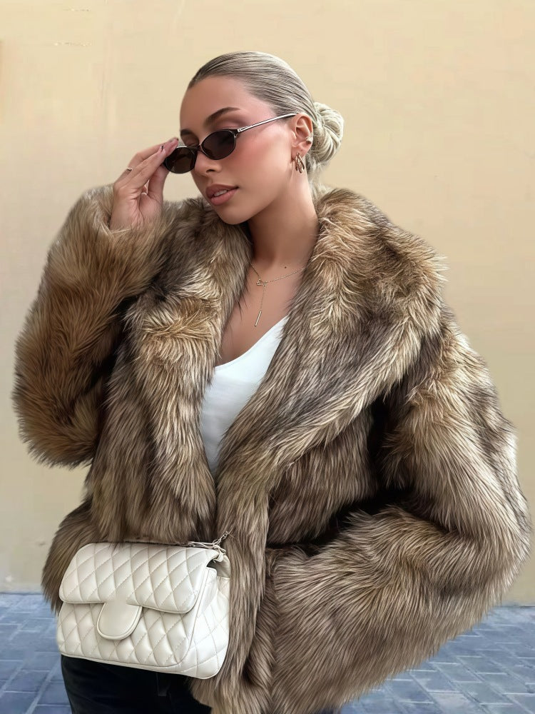 Women's Pure Color Versatile Faux Fur Collar Long Sleeve Coat