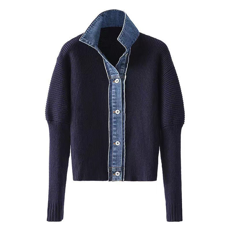 Women's Denim Patchwork Knitting Coat