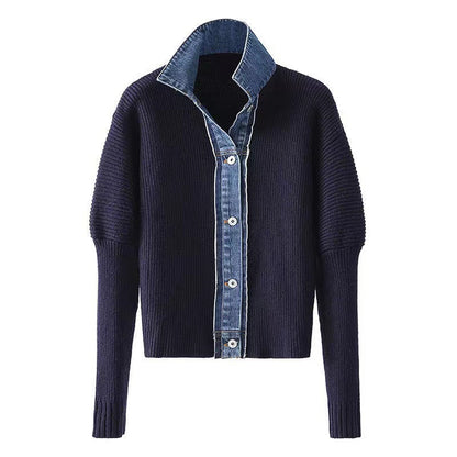 Women's Denim Patchwork Knitting Coat