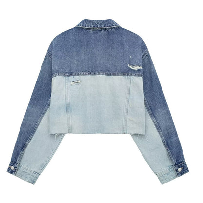 Polo Collar Long Sleeved Patchwork Denim Jacket