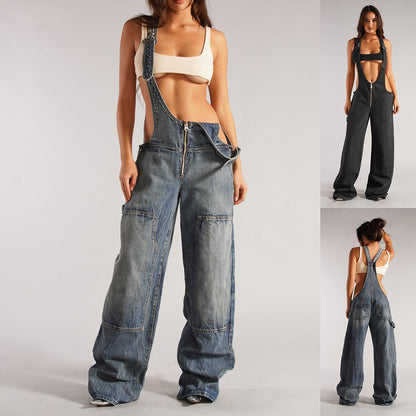Zipper Denim Overalls With Pockets