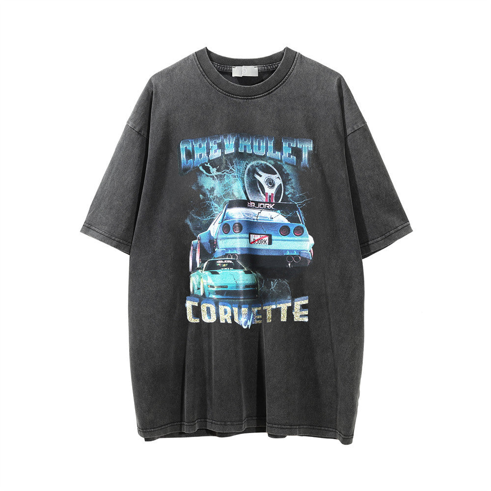 Car Printed Washed And Worn Round Neck T-shirt