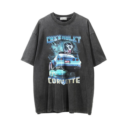 Car Printed Washed And Worn Round Neck T-shirt