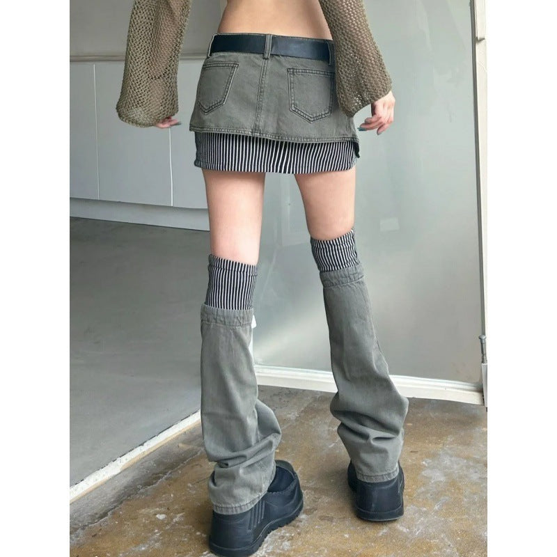 Retro Plus Size Striped Stitching Denim Suit Skirt