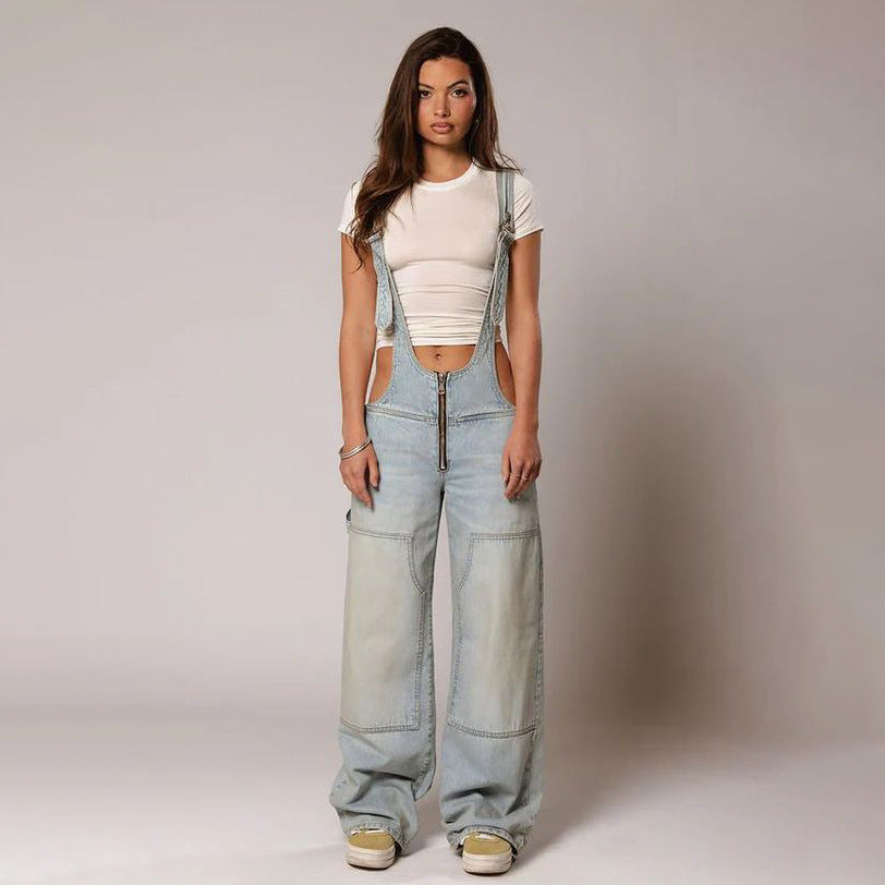 Zipper Denim Overalls With Pockets