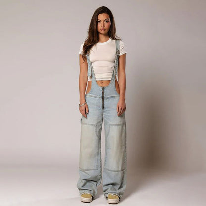 Zipper Denim Overalls With Pockets
