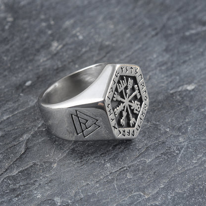 Vintage Hexagon Viking Compass Ring
