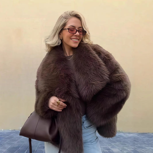Women's Pure Color Versatile Faux Fur Collar Long Sleeve Coat